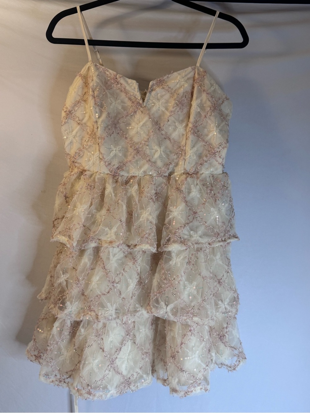 Tiered Ivory Lace Party Dress with Pink Accents Medium *Rare*